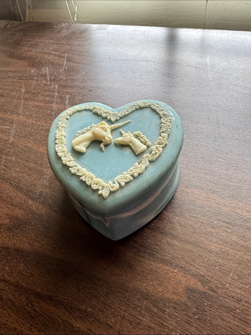 Wedgewood Jasperware heart-Shaped Ceramic Trinket Box with Unicorn Relief - Blue